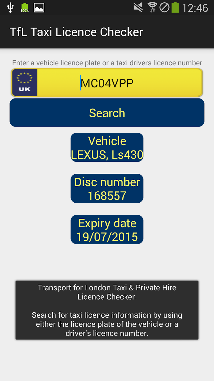 TfL Taxi Licence Checker Screen 1