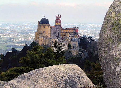 Pena-Palace2-Sintra-Portugal - A view from the surrounding mountains of the Pena National Palace in Sintra, Portugal.