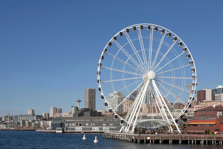The 175-foot-tall Seattle Great Wheel, Elliott Bay’s popular new attraction, fits right in with local restaurants and businesses on the pier. 