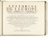 Titelpagina voor het prentwerk: Les Forces de l'Europe, Asie, Afrique et Amerique (...) Comme aussi les Cartes des Côtes de France et d'Espagne (deel II), 1726