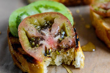 Embarrassingly Easy Grilled Sourdough with Buttery Herbs, Heirloom Tomatoes + a Honey Drizzle