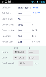 Android application Litecoin profit calculator screenshot