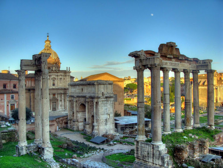 The white marble Arch of Septimius Severus at the northwest corner of the Roman Forum in Rome was dedicated in AD 203 following a military victory.