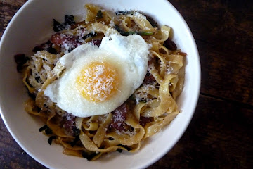 Fresh Fettucine with Bacon, Ramps and an Egg