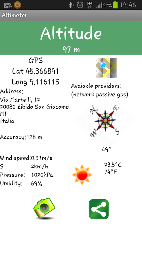 Android application Altimeter GPS with weather screenshort