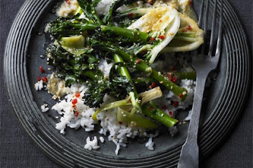 Saucy Japanese greens with sticky sesame rice
