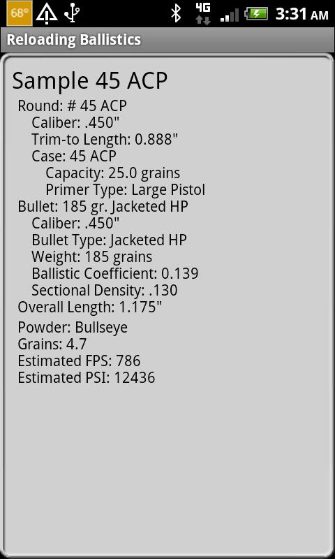 45 ACP Ballistics Data Screen 2