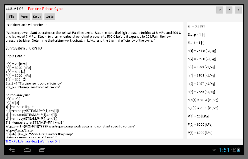 EES Equation Solver (Android) Screen 2