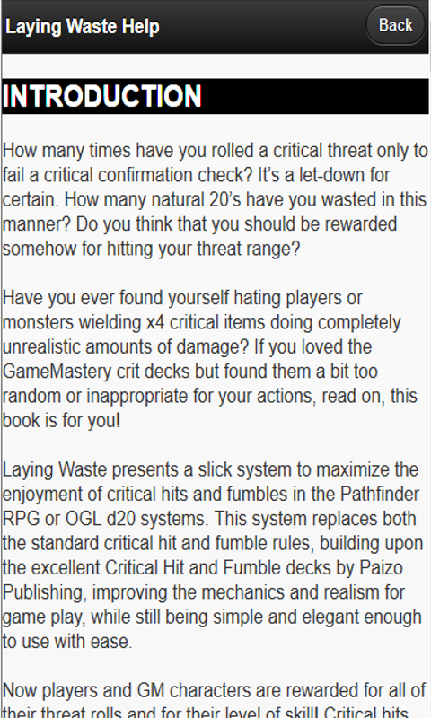 Laying Waste: Critical Hit App Screen 3