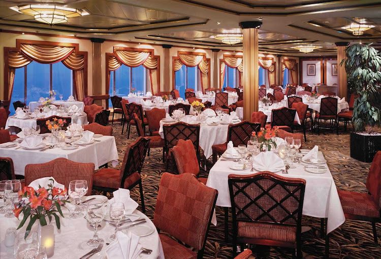 Enjoy a five-course dinner at the Garden Room, one of Norwegian Spirit's main dining rooms.