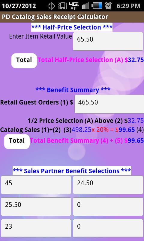 PD Catalog Hostess Calculator Screen 1
