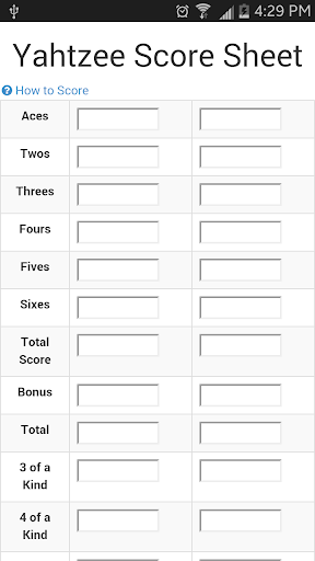 Yahtzee Score Sheet