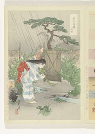 Vrouw buigend over Yamabuki struik