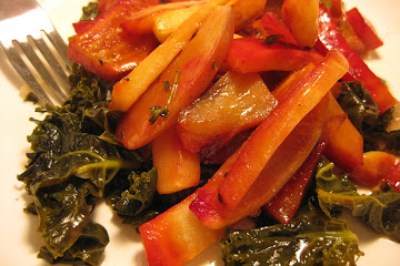 Roasted Roots and Tubers over Lemony Braised Kale