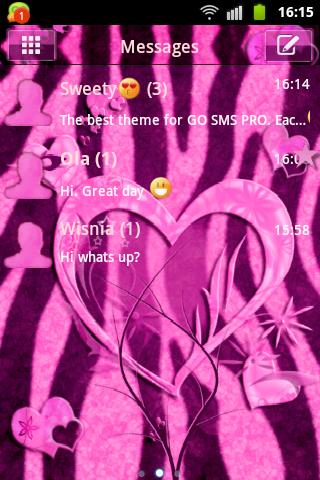 GO SMS Pink Theme Heart Zebra