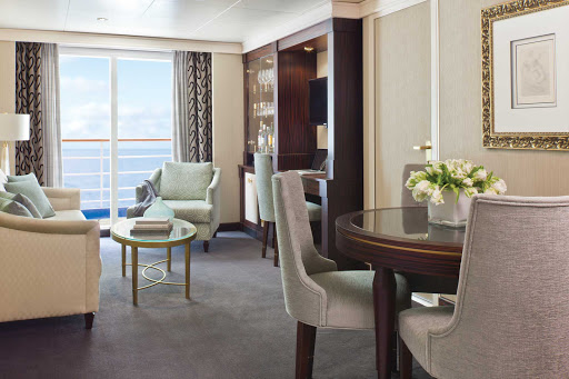 Regent-Seven-Seas-Navigator-Grand-Suite - The Grand Suite aboard Seven Seas Navigator features 687 to 739 square feet of luxury: king bed, 1 1/2 marble bathrooms, private balcony, expansive living room, walk-in closet with safe, flat screen TV, mini-bar, personal butler and more. 