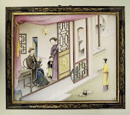 Plaque met een voorstelling in geschilderde emails: figuren in een paviljoen