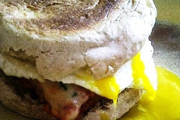 Veal Parmesan Morning Sandwich with a Fried Egg on Whole Wheat English Muffin