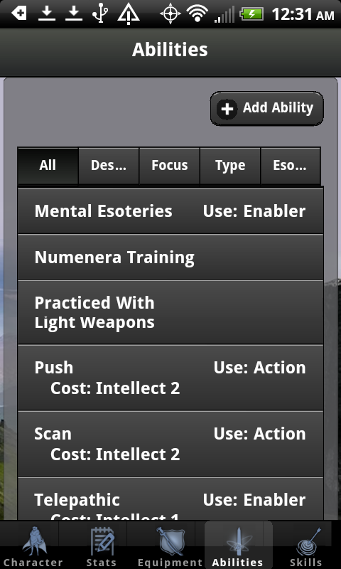 Numenera Character Creator Screen 2