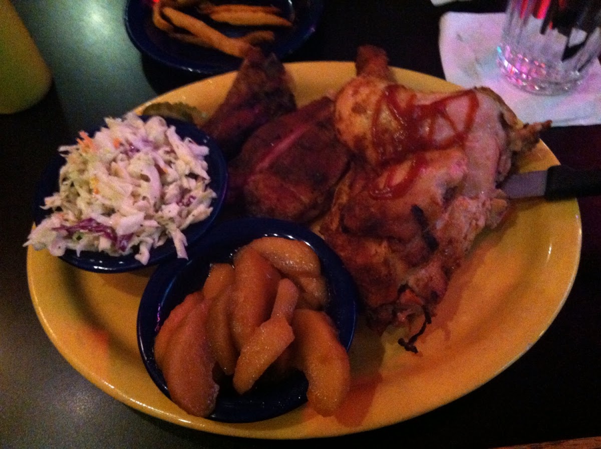 Half  chicken and ribs special. With coleslaw and apples