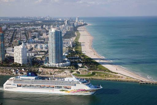 Norwegian-Sky-in-Miami - Norwegian Sky cruises past the Miami skyline. 