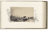 Fotoreproductie van een gravure van een Hollands landschap met koeien