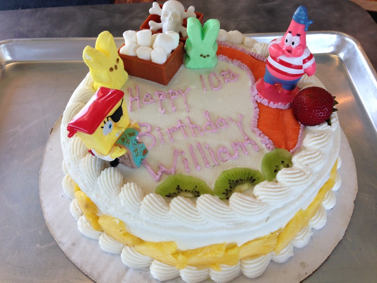 GF Vegan birthday cake for a 10 yr old boy's birthday. He was very happy to see Sponge Bob and Patri