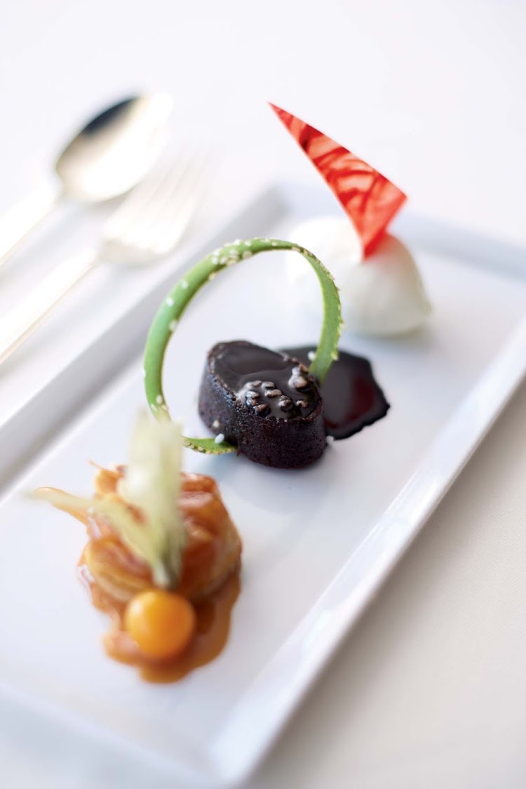 An exotic, Nobu-style dessert ends the evening on a sweet note while dining on a Crystal cruise.