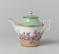 Teapot with roses in a basket