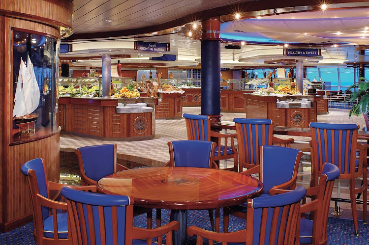 The Windjammer Cafe aboard Jewel of the Seas, outfitted in radiant blue, offers a wide selecton of buffet items. 