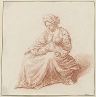 Zittende vrouw met kind aan haar borst