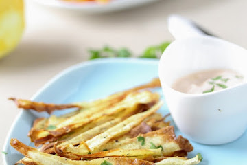 Crispy Baked Carrot Chips with Spicy Harissa Yogurt Dip