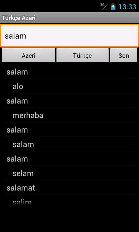 Azerbaijani Turkish Dictionary Screen 1