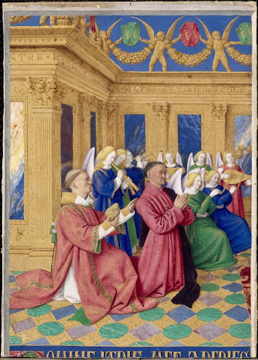 Heures d'Etienne Chevalier, n° 201 et N° 202 : Etienne Chevalier présenté par saint Etienne à la Vierge et à l’Enfant