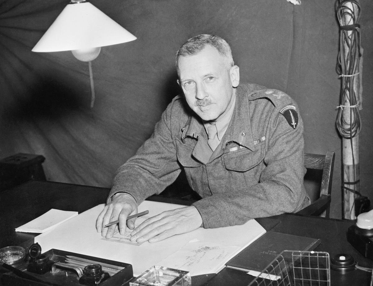 Lieutenant General F E Morgan holding a press conference at headquarters, 1944