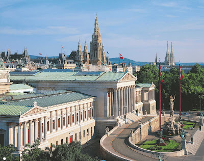 The Austrian Parliament building in Vienna, Austria.