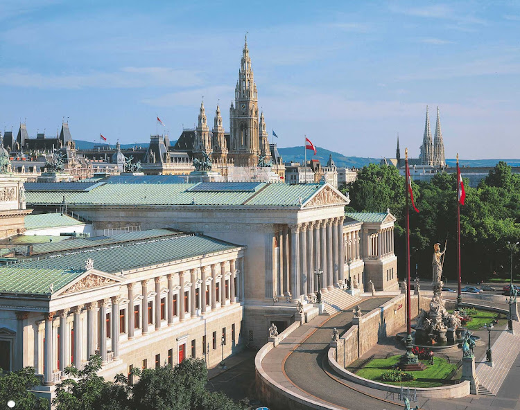 The Austrian Parliament building in Vienna, Austria.