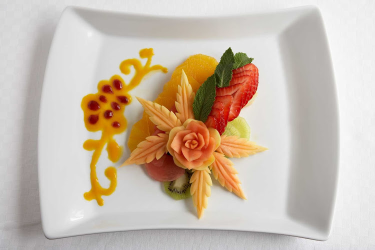 A delicate fruit salad presented in Celebrity Cruises's Murano dining room.