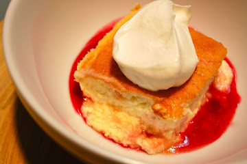 Cointreau Pudding Cake with Cranberry Syrup