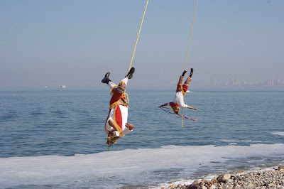 The Voladores de Papantla (flyers of Papantla, also sometimes known as hombres pajaro, or "bird men") on the Melacon in Puerto Vallarta, Mexico.