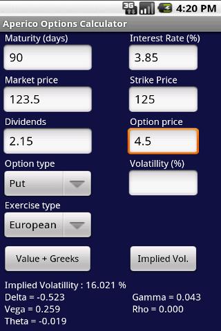 Options Calculator Screen 2