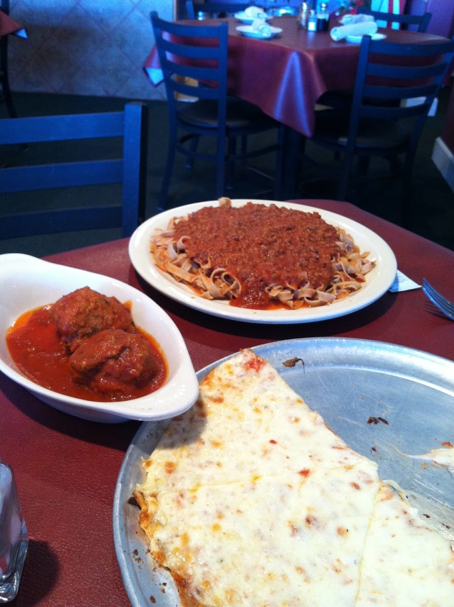 Spaghetti, Meatballs, and Meat Sauce with a side of Cheese Pizza.