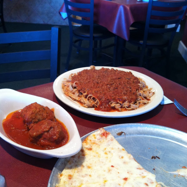 Spaghetti, Meatballs, and Meat Sauce with a side of Cheese Pizza.