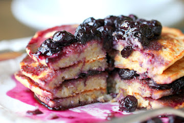 Lemon Scented Polenta Pancakes with Blueberry Thyme Syrup