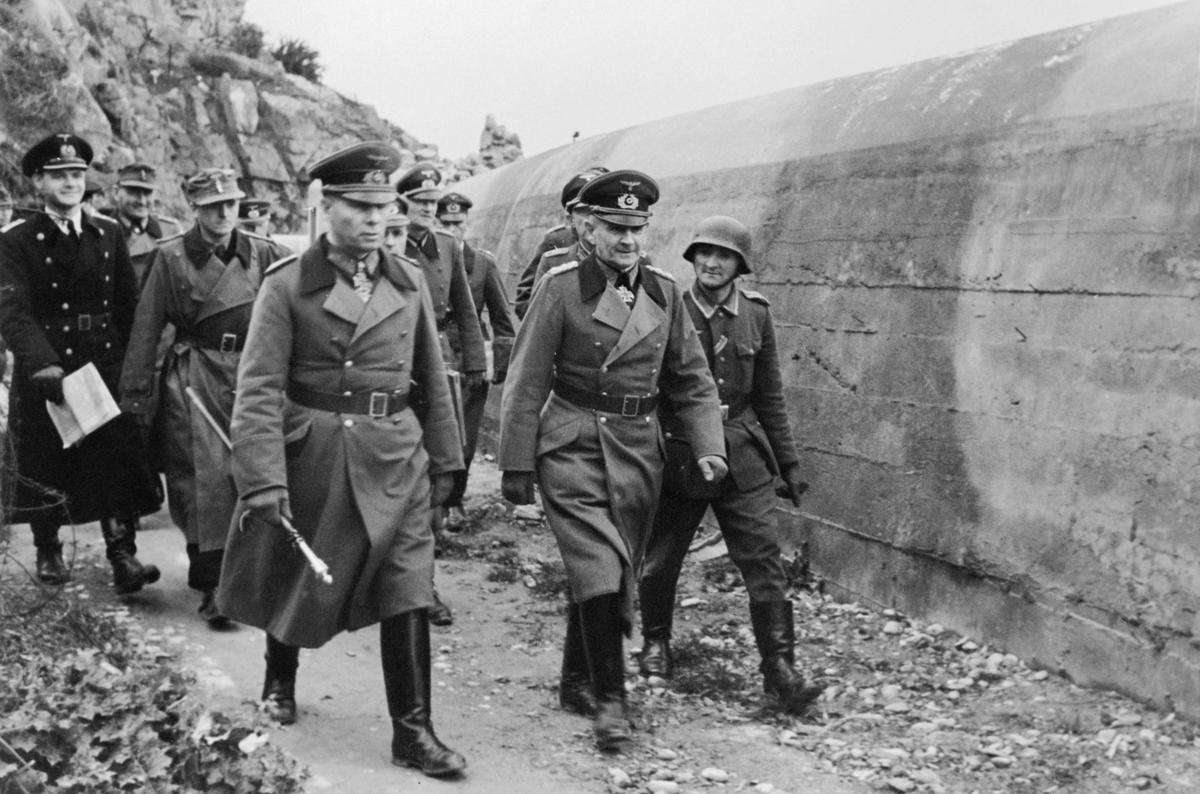 Field Marshal Erwin Rommel, commander of the German anti-invasion forces, inspecting German defences on the Atlantic Wall, 1944