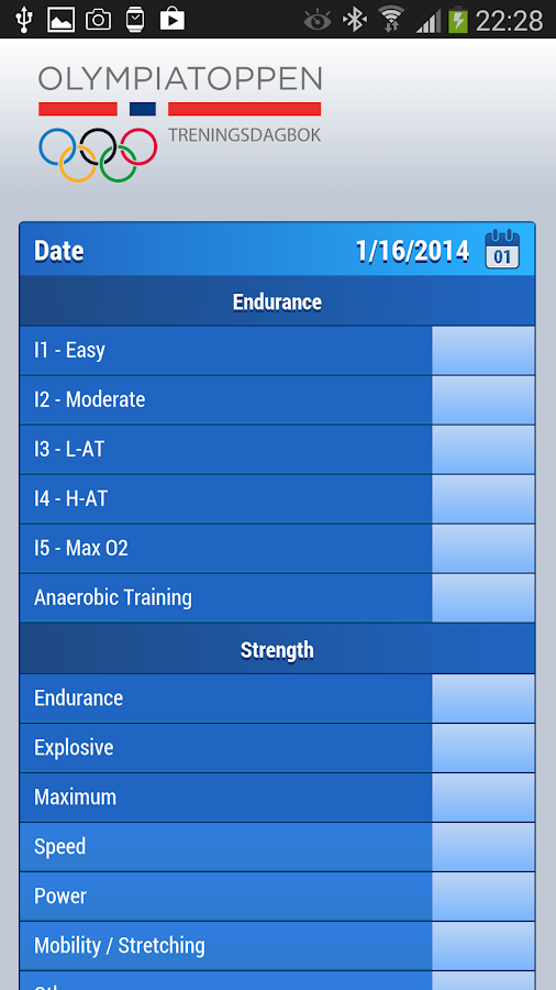 Olympiatoppen Training Diary Screen 3