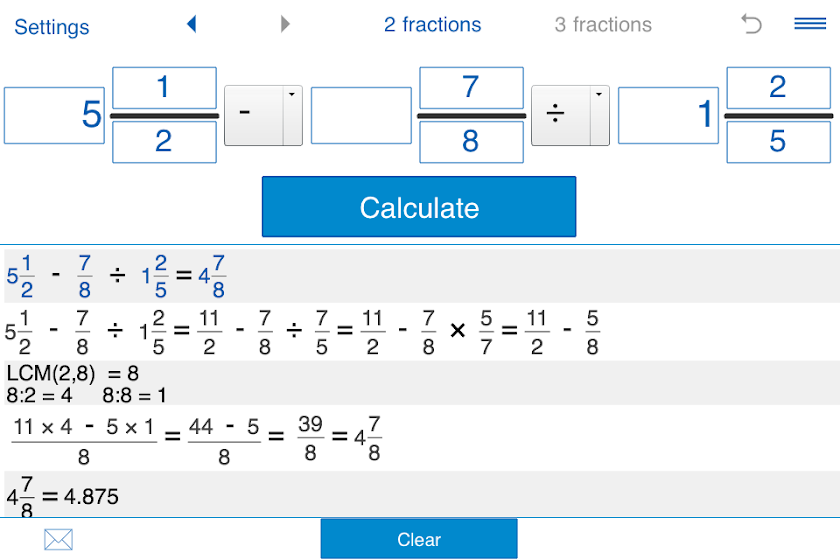 Fraction calculator Screen 2