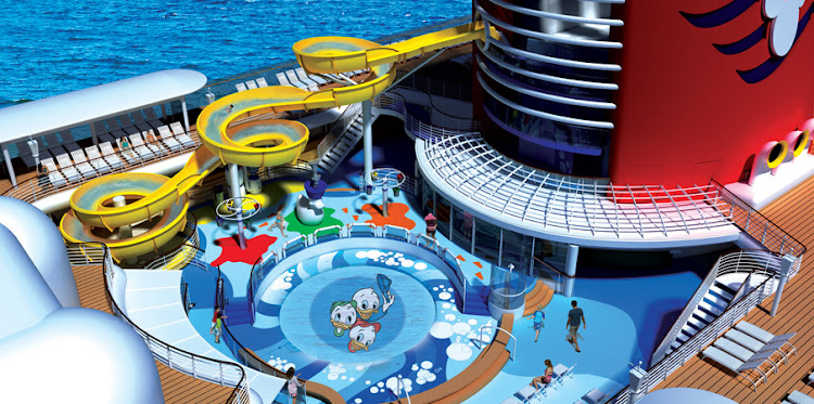 AquaLab, featuring Huey, Dewey and Louie, is one of three pool areas on  Disney Magic. Located on deck 9, the 1,800-square-foot aqua playground features a freshwater pool, waterslides, pop jets, geysers and bubblers.