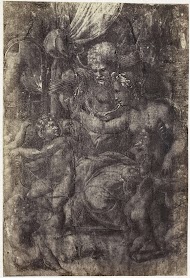 Fotoreproductie van een tekening van Rafaël, Heilige Familie met engelen