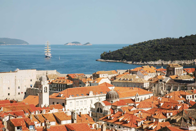   Royal Clipper, the world's only five-masted full-rigged sailing cruise ship, moored off Dubrovnik, Croatia. 